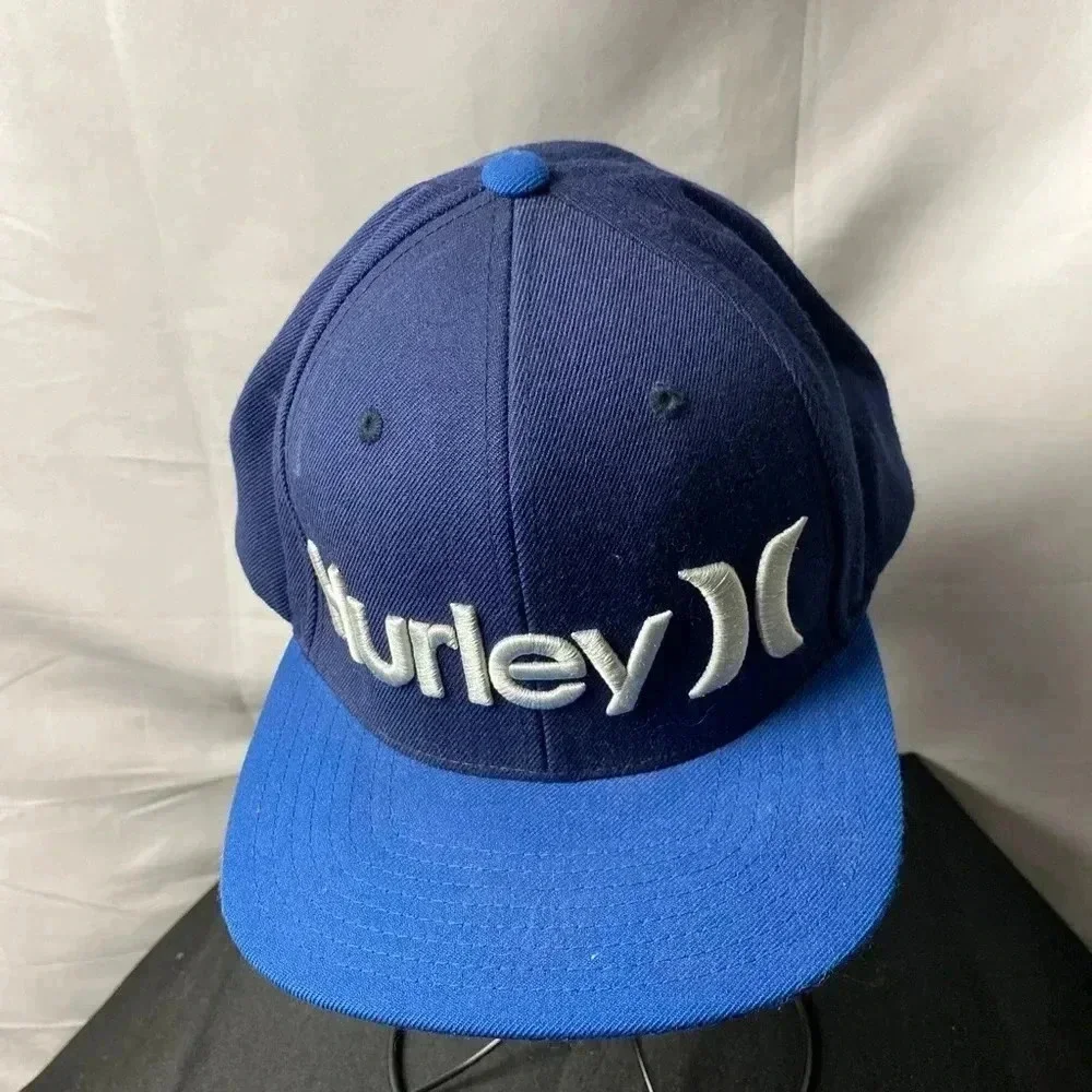 HURLEY‎ MENS HAT BLUE HAT EMBROIDERED WHITE HURLEY DESIGN SNAPBACK WOOL BLEND